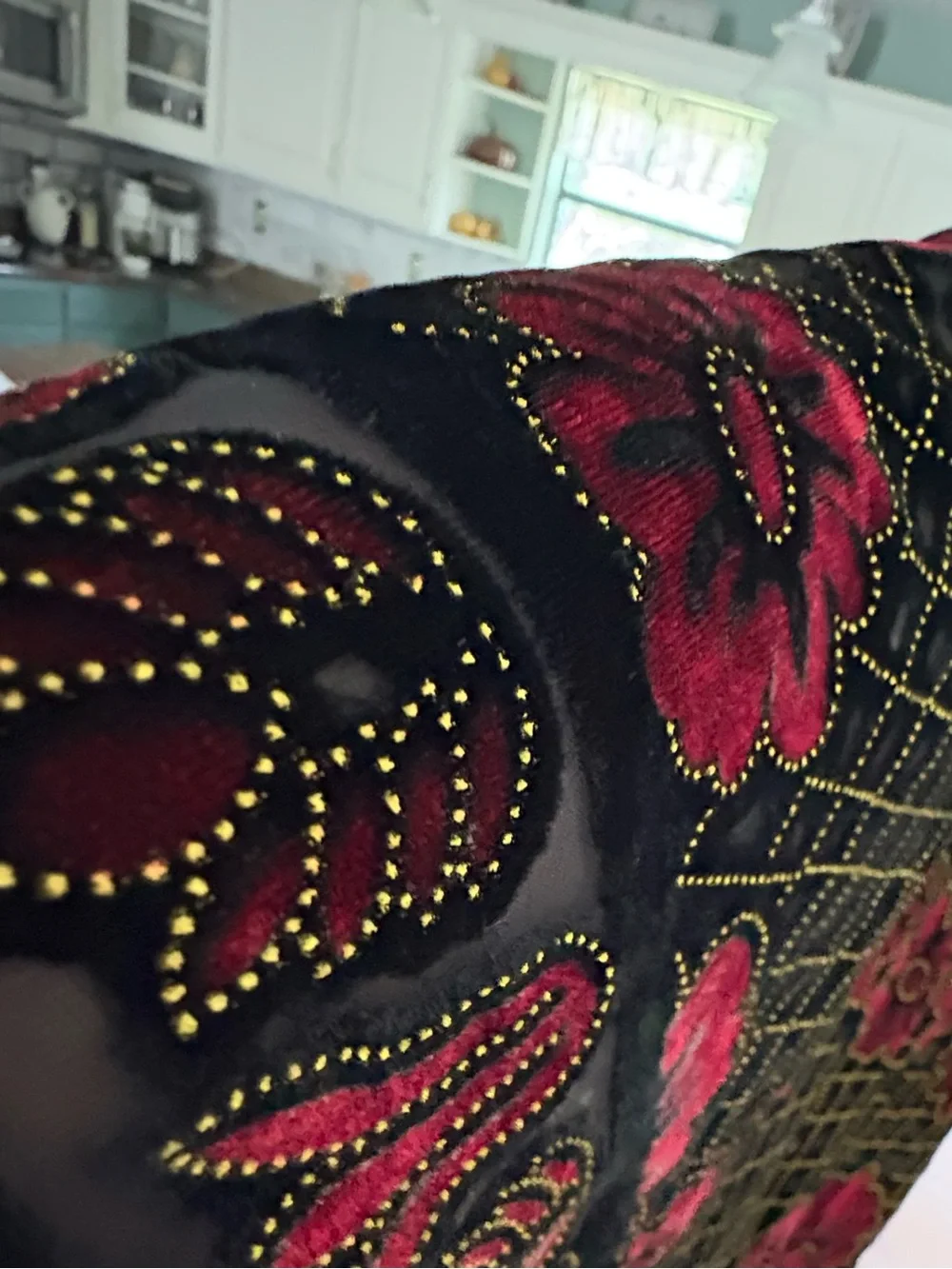Vintage burnout velvet scarf/shawl in vibrant gold & red floral designs